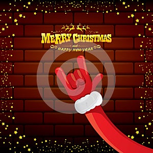 Vector cartoon Santa Claus rock n roll style with golden greeting text on brick wall background with christmas star