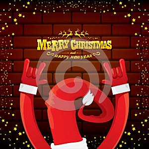 Vector cartoon Santa Claus rock n roll style with golden greeting text on brick wall background with christmas star