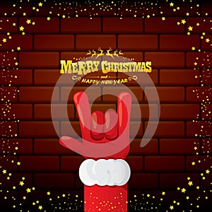 Vector cartoon Santa Claus rock n roll style with golden greeting text on brick wall background with christmas star