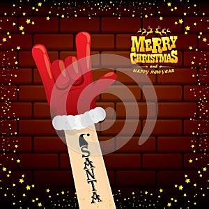 Vector cartoon Santa Claus rock n roll style with golden greeting text on brick wall background with christmas star