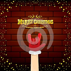 Vector cartoon Santa Claus rock n roll style with golden greeting text on brick wall background with christmas star