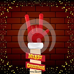 Vector cartoon Santa Claus rock n roll style with golden greeting text on brick wall background with christmas star