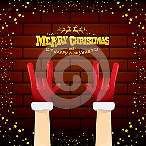 Vector cartoon Santa Claus rock n roll style with golden greeting text on brick wall background with christmas star