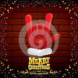 Vector cartoon Santa Claus rock n roll style with golden greeting text on brick wall background with christmas star