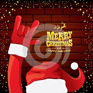 Vector cartoon Santa Claus rock n roll style with golden greeting text on brick wall background with christmas star