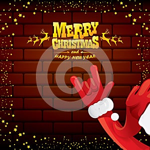 Vector cartoon Santa Claus rock n roll style with golden greeting text on brick wall background with christmas star