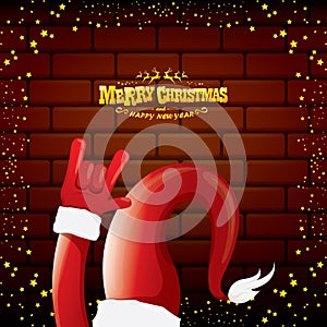 Vector cartoon Santa Claus rock n roll style with golden greeting text on brick wall background with christmas star