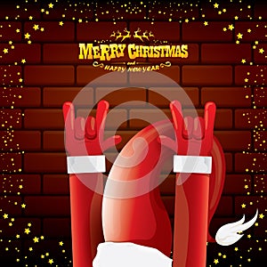 Vector cartoon Santa Claus rock n roll style with golden greeting text on brick wall background with christmas star