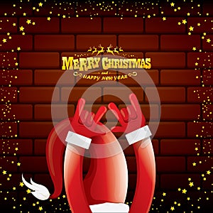 Vector cartoon Santa Claus rock n roll style with golden greeting text on brick wall background with christmas star