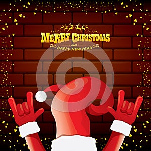 Vector cartoon Santa Claus rock n roll style with golden greeting text on brick wall background with christmas star