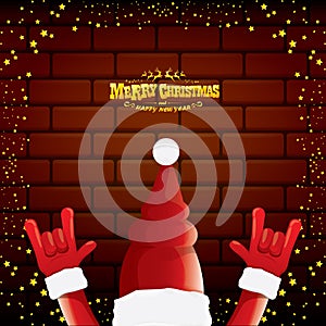 Vector cartoon Santa Claus rock n roll style with golden greeting text on brick wall background with christmas star