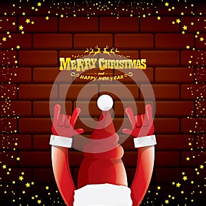 Vector cartoon Santa Claus rock n roll style with golden greeting text on brick wall background with christmas star