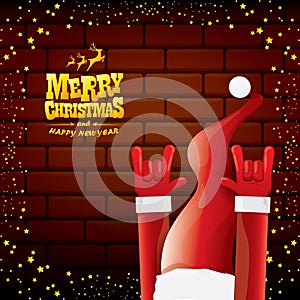 Vector cartoon Santa Claus rock n roll style with golden greeting text on brick wall background with christmas star