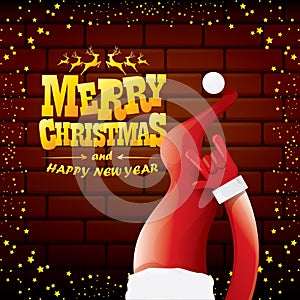 Vector cartoon Santa Claus rock n roll style with golden greeting text on brick wall background with christmas star