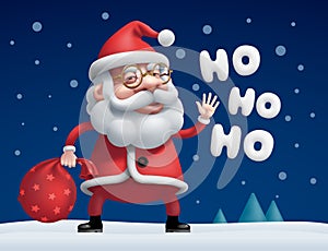 Vector cartoon Santa Claus standing with bag of gifts and Ho-Ho-Ho lettering isolated on dark background