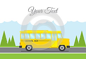 Vector illustration: Cartoon scene with flat school bus on road. Back to School.