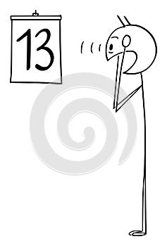 Vector Cartoon of Screaming Frightened Man Looking at Number 13 as Date on Calendar