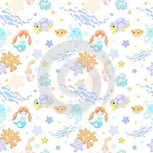 Vector Cartoon sea life animals underwater and red hair mermaids.  Wallpaper seamless repeat tile pattern for baby room.