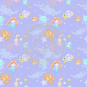 Vector Cartoon sea life animals underwater and red hair mermaids.  Wallpaper seamless repeat tile pattern for baby room.