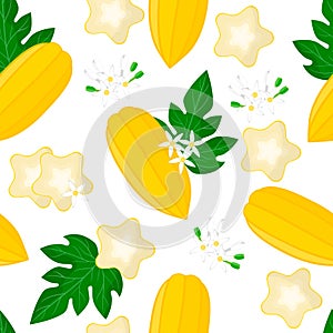 Vector cartoon seamless pattern with Carica pentagona or Babaco exotic fruits, flowers and leafs on white background