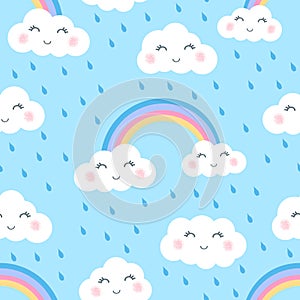 Vector cartoon seamless pattern with cute clouds, rainbow and rain drops on blue background