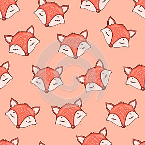 Vector cartoon seamless pattern with cute red foxes on orange background