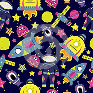 The vector cartoon seamless pattern with flat aliens, spaceships