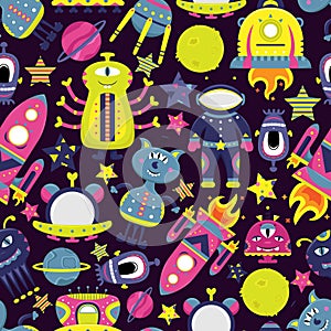 The vector cartoon seamless pattern with flat aliens, spaceships, planets, satellites and cosmonaut.