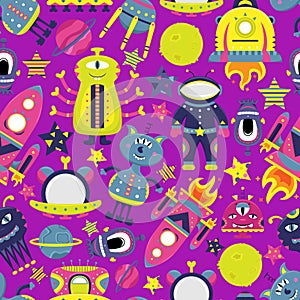 The vector cartoon seamless pattern with flat aliens, spaceships, planets, satellites and cosmonaut.