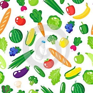 Vector cartoon seamless pattern with fresh healthy organic food, vegetables and fruits isolated on white background