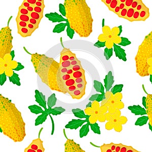 Vector cartoon seamless pattern with Momordica or bitter melon exotic fruits, flowers and leafs on white background