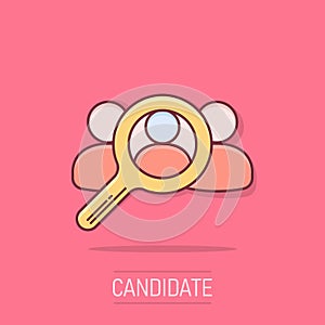 Vector cartoon search for employees and job icon in comic style. Human resource concept illustration pictogram. Focus group,