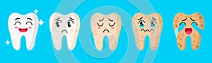 Vector cartoon set of cute characters of teeth with different emotions showing stages of whiteness and health of teeth photo