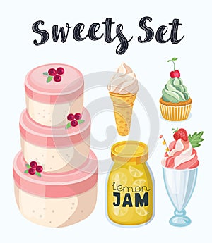 Vector cartoon Set of delicious sweets and desserts.