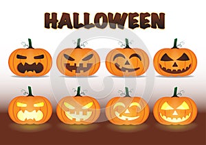 Vector Cartoon Set is different character face of pumpkin Halloween. Light glowing jack-o-lantern clip art with shadow