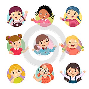 Vector cartoon set of different girl kids with various postures