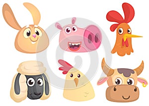 Vector cartoon set of farm animals. Rabbit, pig, rooster, sheep, chicken, cow