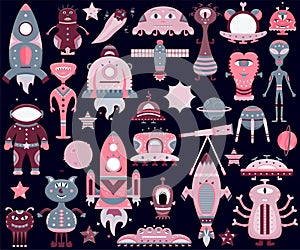 The vector cartoon set with flat aliens, spaceships, planets