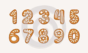 Vector cartoon set of Gingerbread arabic numbers - holidays Christmas ginger cookie isolated on white background. Merry