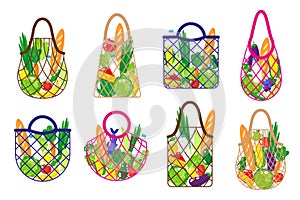 Vector cartoon set of grocery string bag or turtle mesh bag with healthy organic food isolated on white background