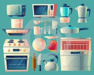 Vector cartoon set of kitchen appliances. Household objects, cooking room interior. Fridge, microwave, toaster and other