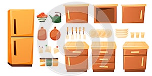 Vector cartoon set of kitchen furniture, dishes and appliances. Cooker counter and fridge.