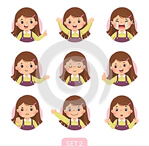 Cartoon set of a little girl in different postures with various emotions. Set 2 of 3