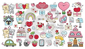 Vector cartoon set of Saint Valentine day elements with cupid, unicorn, hearts, cats, rainbow, perfect match. Cute funny kawaii