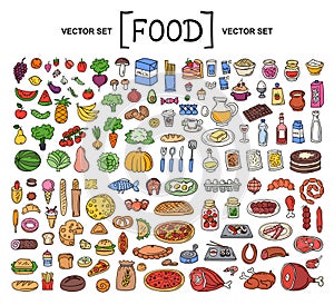 Vector cartoon set on the theme of food. Isolated colored doodles of fruits, vegetables, bakery products, meat, sausage, grocery