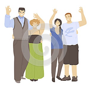 Vector cartoon set of two young happy cheerful couple, hugging each other and waving hands, showing OK Sign, isolated on