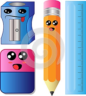 Vector Cartoon Sharpener, pencil, eraser and ruler scale