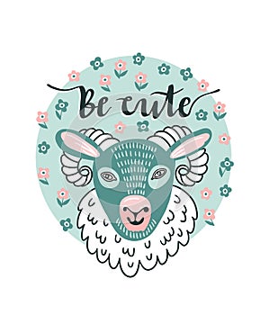 Vector cartoon sheep and hand text - `be cute`. Cute animal design.