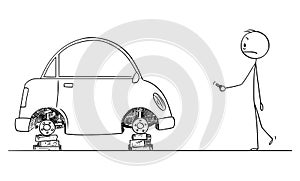Vector Cartoon of Shocked Man Who Found His Car Without Wheels and Tyres