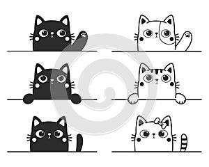 Vector cartoon silhouette of black cat waving to the wall is waving Cute kitten line drawing